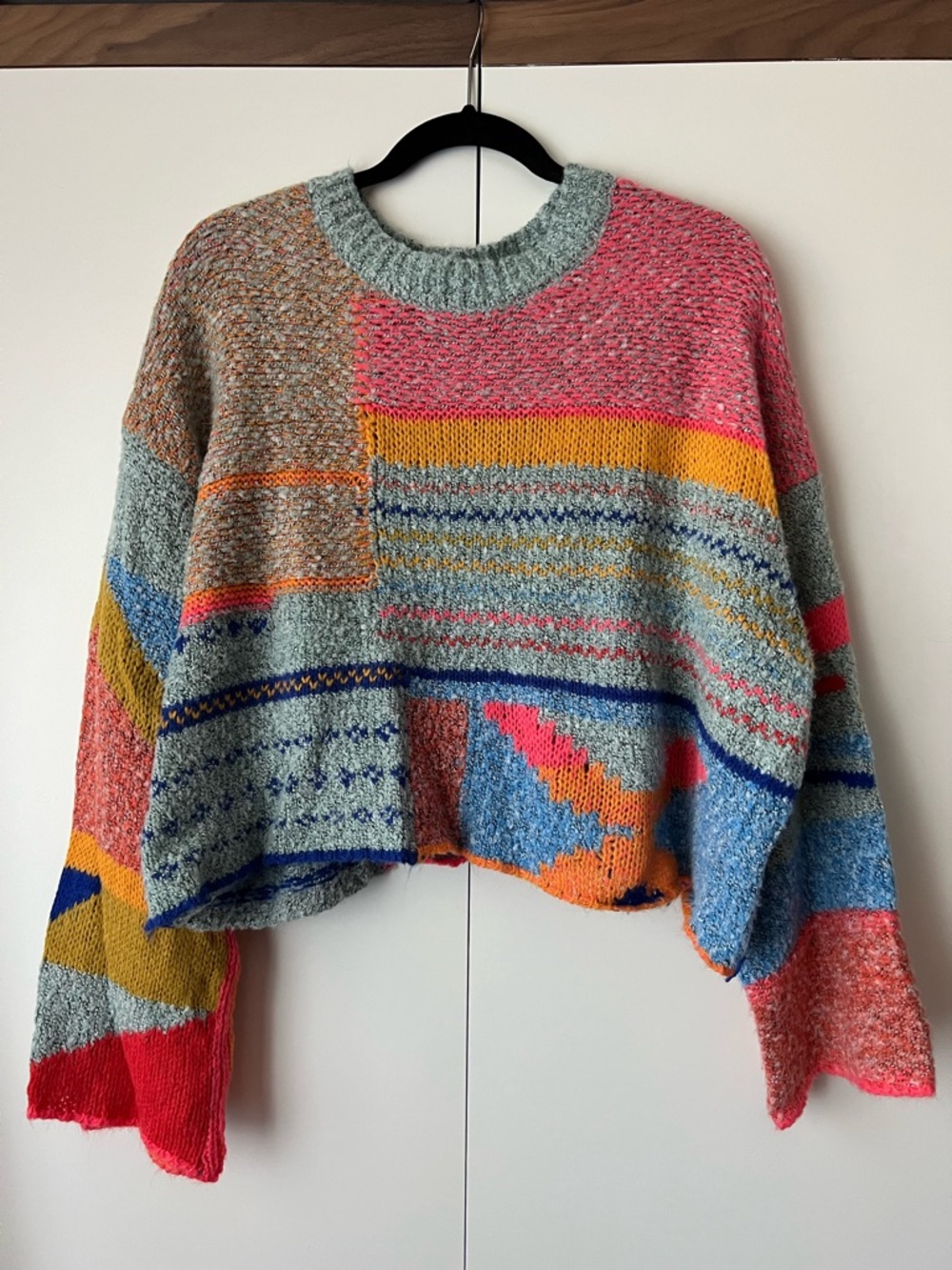 miami Multicolor Patchwork Crewneck Sweater with Pink, Blue & Yellow